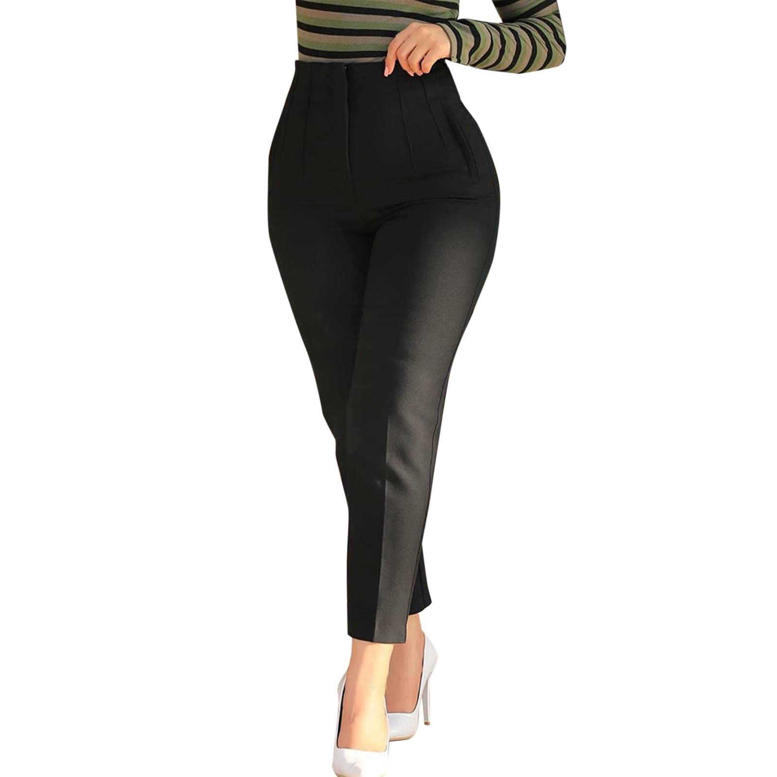 Straight Leg High Waisted Pants for Women Stretchy Business Casual Office Trousers with Pockets