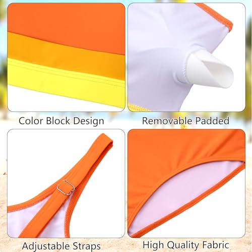 Alakuoti Girls Swimsuit Color Block Adjustable Straps Bikini Sets Teen Girl Two Piece Bathing Suits with Chest Pad Size 8 Orange - image 5