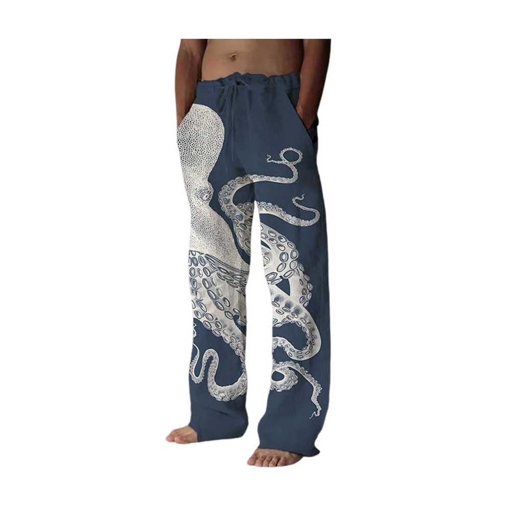 Men's Casual Pants: Japanese Art Dragon Graphic Print and Traditional Sashiko Art Linen Blend
