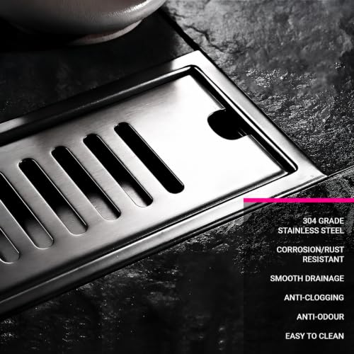 Image of Shower Drain Channel 12 x 4 Inch Vertical Outlet 304 Stainless Steel Floor Drain Jali with Collar Heavy Duty Water Drain Channel for Bathroom Side Hole