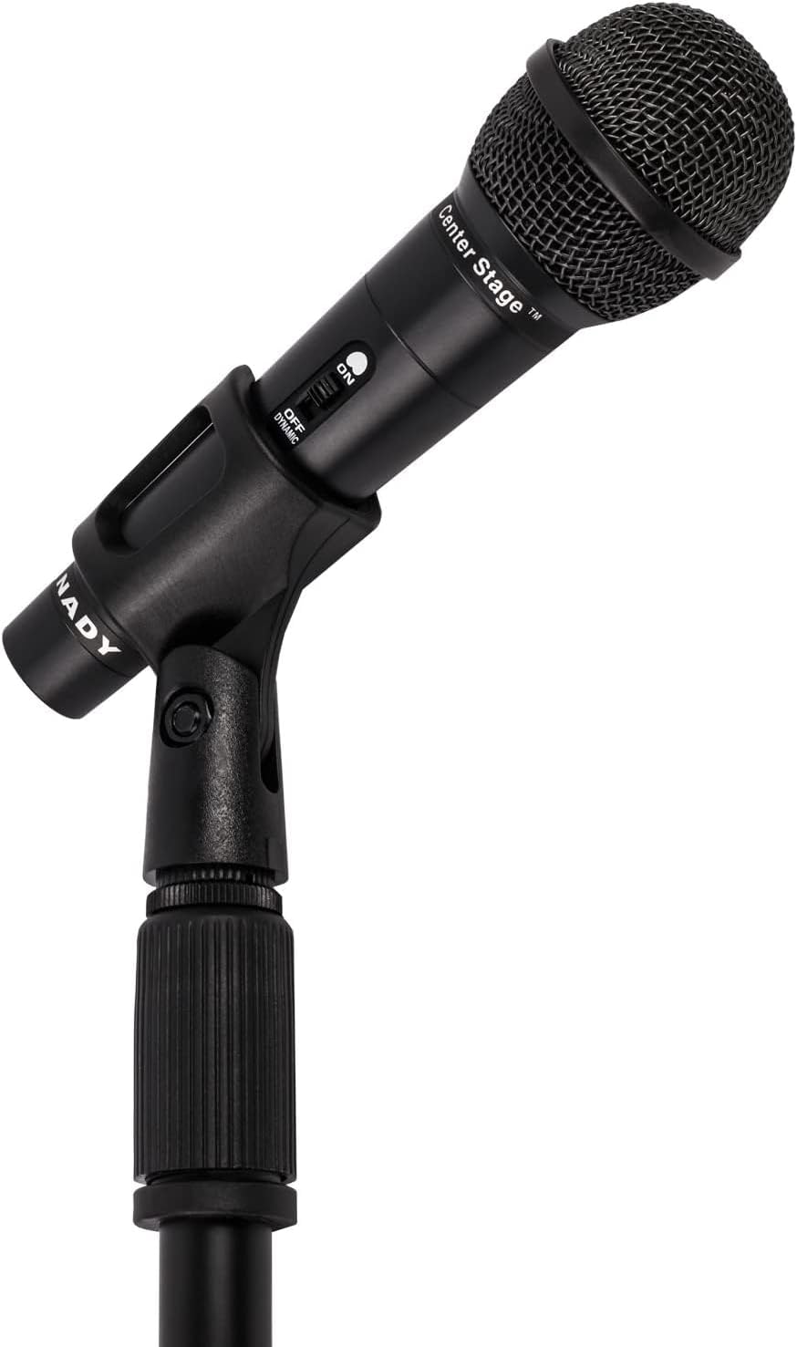 Nady microphone attached to a stand with a clip