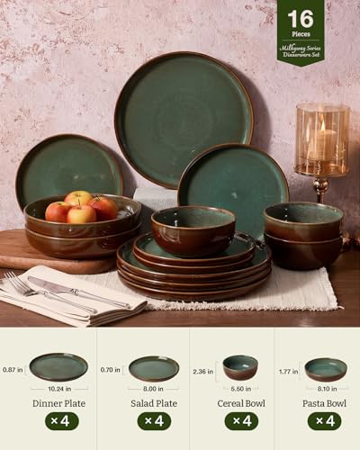 Image of Famiware Milkyway Stoneware Dinnerware Set, 16-Piece, Including Pasta Bowl, Double Reactive Glaze, Plates and Bowls, Service for 4, Microwave and Dishwasher Safe, Scratch-Resistant, Moss Green & Cocoa