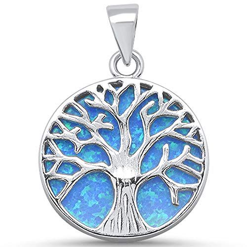 Oxford Diamond Co Round Blue Opal Tree of Life Design .925 Sterling Silver Pendant