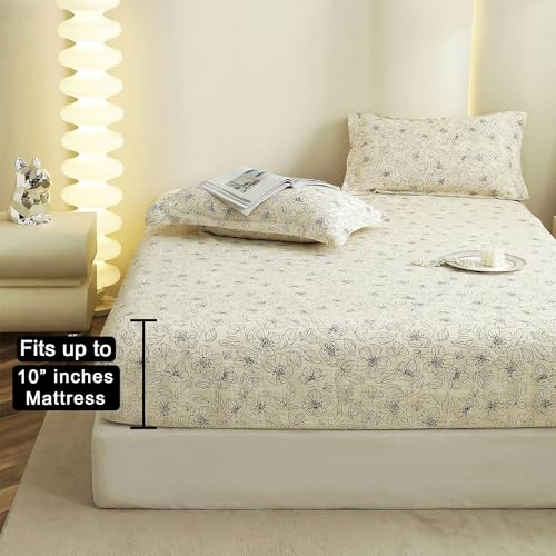 Image of Story@Home Cloud Cotton Fitted BEDSHEET (72 X 78 Inch) 360 Elastic King Size with 2 Pillow Covers | Super Soft Bed Sheet for King Size Bed Floral Design (White, Grey)