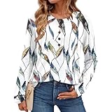 Womens Button Front Long Sleeve Blouse Print Crew Neck Pullover T Shirts Lightweight Casual Loose Fit Tops Shirts