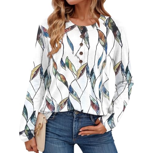 Womens Button Front Long Sleeve Blouse Print Crew Neck Pullover T Shirts Lightweight Casual Loose Fit Tops Shirts