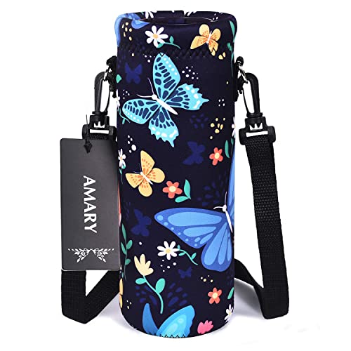 Amary Bolsa de neopreno para botella de agua con correa ajustable para el hombro, cubierta para botella de agua con aislamiento para botellas de acero inoxidable/cristal/plástico (mariposa-2, 750 ml)