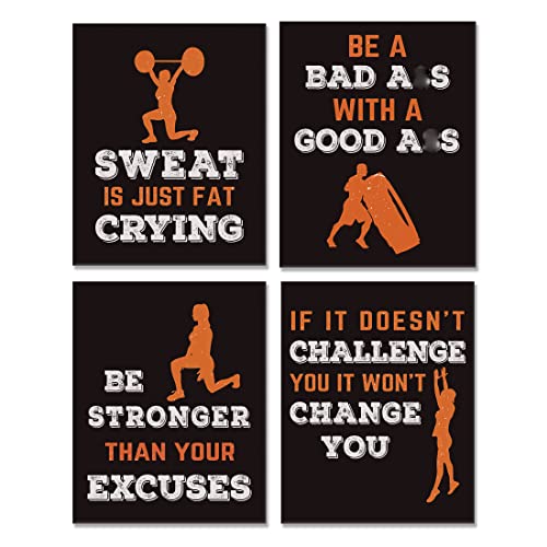 Chditb Sports Fitness Art Print, Motivational Quotes Exercise Wall Art Painting, Canvas Inspirational Fitness Quote Poster For Gym, Set Of 4 (8"X10") Workout Bodybuilding Phrases Wall Art For Training Gym Weight Room Home Decor(Brown) #TOP3