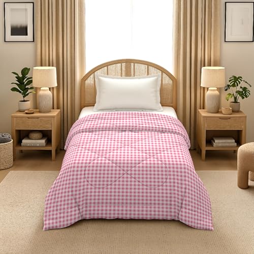 Image of MORADO Glace Cotton AC Comforter /Blanket /Quilt for Single Bed | Soft & Breathable Lightweight AC Quilt | Reversible All Season Bedding Comforter |Size 60x90 Inches,White Pink Check,Single