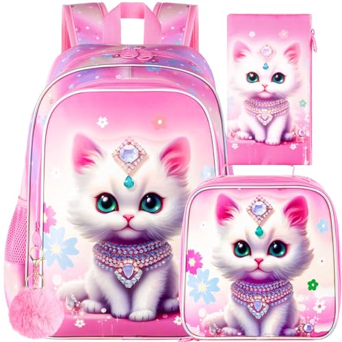 HPJGD 3PCS Girls Cat Backpack, Water Resistant Kids Bookbag Set with Lunch Box?Cute Elementary School Bag for Preschool Toddler