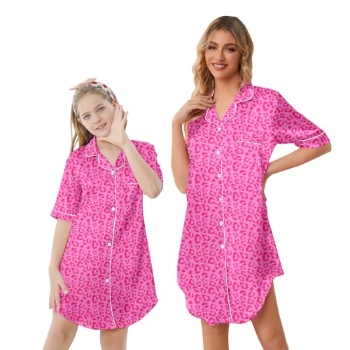 Image of Schbbbta Girls & Women Silk Nightgown, Short Sleeve Button Down Satin Nightshirt Pajama House Dress, 3 Years- Women 2XL