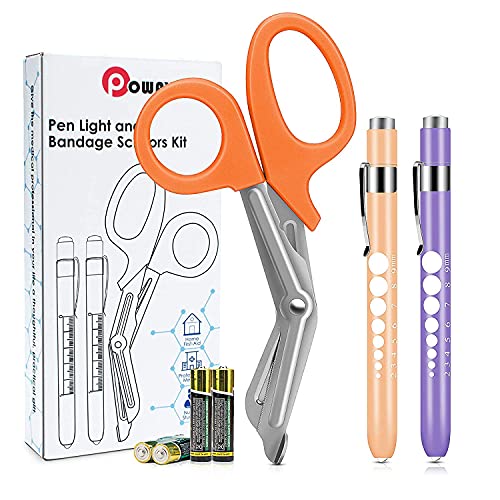 Medical Pen Light and Orange Bandage Scissors 3 Pack, Two Reusable LED Pupil Penlight, One 7 ½ Trauma Shears for Nurses, Doctors, EMT, EMS, Home First Aid with Free Batteries