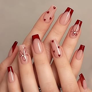 MouyouGlow Press on Nails Lang,Ballerina Valentine Rot Burgundy Fench Schleife Fliege Bow Tie Herz Strass Design Fake Nails,Wine Red Heart Love Frühling Sweet INS Artificial Künstliche Fingernails