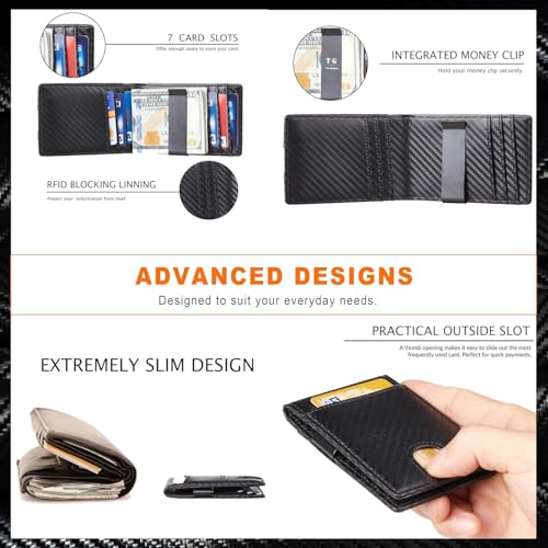 Genuine Leather Slim Wallet for Men, Minimalist Design with Money Clip, ID Window, and RFID Blocking (Carbon Black)4