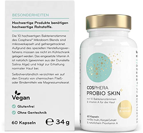 Probio Skin Kapseln Hochdosiertes Probiotikum Vegan I Probiotika & Präbiotika - Angereichert mit Bio Inulin, Vitamin A und Konjak Wurzelextrakt - 60 Kapseln