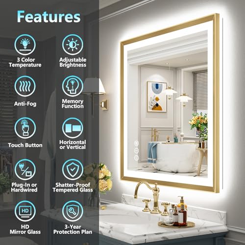 Image of 24x36 Gold Beveled LED Bathroom Mirror Backlit & Front Lit Anti-Fog | Brushed Gold Framed, Anti-Fog Lighted Vanity Mirror, Dimmable, 3-Color Light, Memory, CRI95, HD Tempered Glass, UL Listed