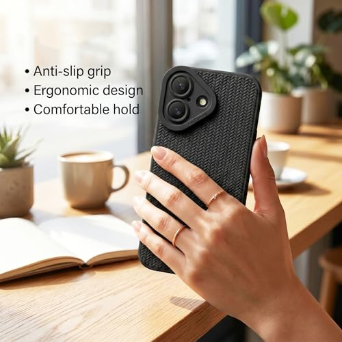 Image of amazon basics Luxury 3D Knitted Texture Soft Silicone Back Cover for iPhone 17 | Slim Fit Shockproof Case with Camera Protection & Non-Slip Grip - Black