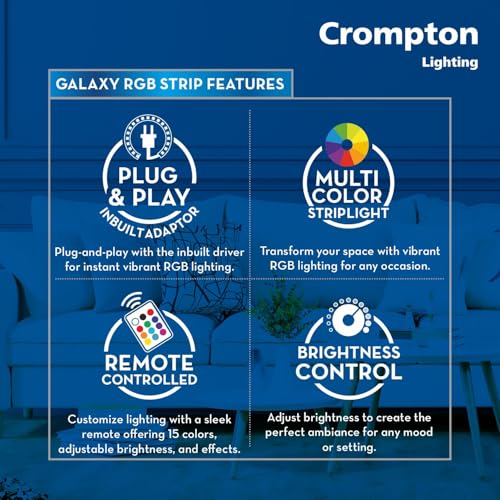 Image of Crompton Galaxy | Strip Light | 5 Meter | 300 LED | 36W | with in-Built Adaptor | Multicolour LED Lights (RGB) | Operated with Remote Control | 16 Modes Remote Control| Pack of 4