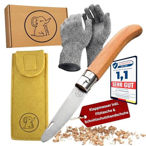 Eli Schnitzmesser Kinder mit Filztasche ab 6 Jahre - hochwertiges Taschenmesser - Schnitzset inkl. schnittfeste Handschuhe - Kinderschnitzmesser - Schnitzwerkzeug - Outdoor Messer - gelb