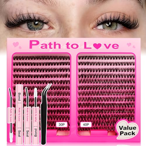 Path to Love 560pcs Lash Clusters Kit with Bond,Seal and Tweezers, Eyelash Extensions 9-16mm, D Curl, 30D+40D Natural Wispy Cluster False Soft Individual Lashes