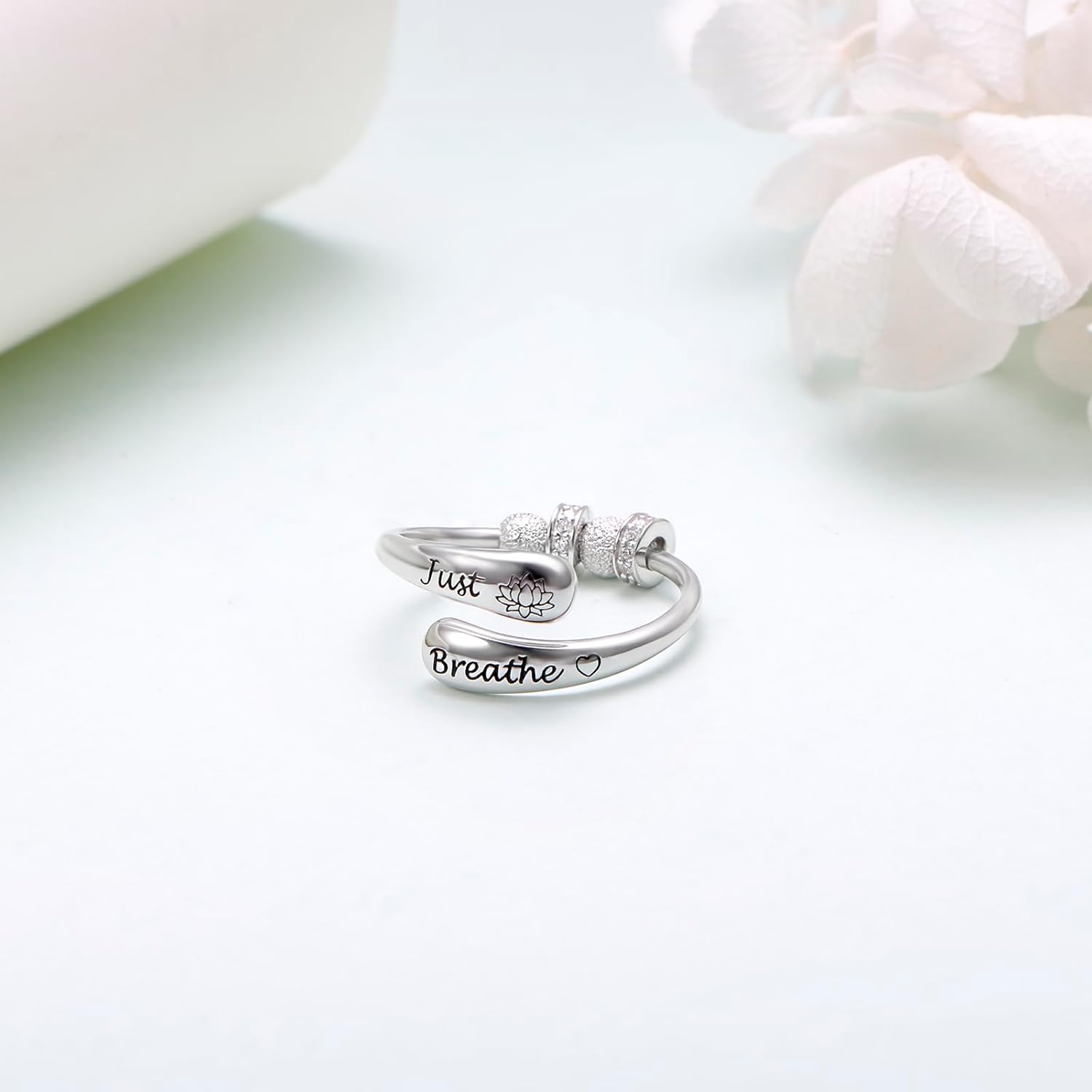 FLYOW Just Breathe Lotus Ring for Women 925 Sterling Silver Adjustable Anxiety Fidget Ring with Spinning Beads Anxiety Relieve Rings Inspirational Christmas Jewelry Gift - Image 5