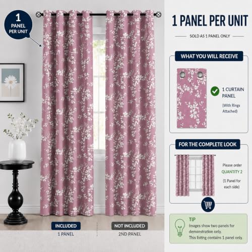 Image of BFAM Floral Print 100% Blackout Curtain with Black Linning at Back, Floral Print Curtains for Living Room /Bedroom Thermal Insulated Energy Saving, Pink Flower, 10FT, Pack of 1 Curtain