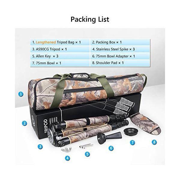 Carbon Fibre Bowl Stativ, ARTCISE AS90CG Camouflage Heavy Duty Bowl Stativ mit 75mm Bowl und Bowl Adapter, 40mm Leg Tube… – Bild 8