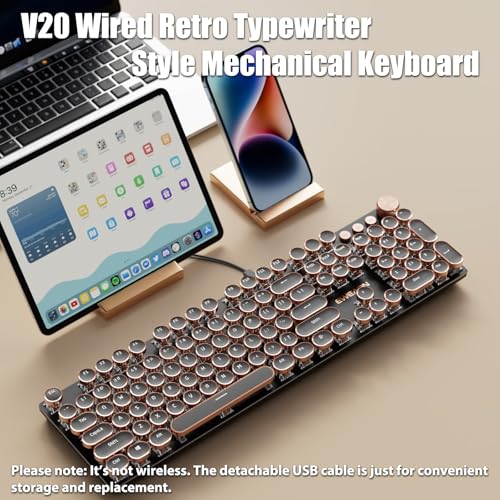 Image of Typewriter Style Mechanical Gaming Keyboard White LED Backlit 104-Key NKRO White Switches Retro Round Keycaps Golden Ring Volume Knob Metal Panel Wired USB-C Detachable Cable, Black
