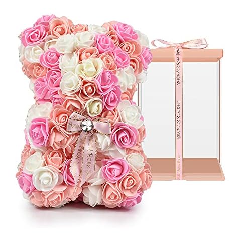 ASENVER Hand Made Artificial Flowers Rose Bear Pure Color for Valentine Birthday and Mother's Day with a 10" Pink Gift Box (Multi Color-Pinkbow) Cover