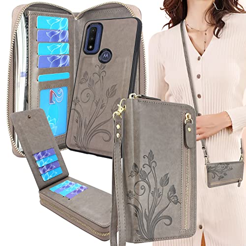 Lacass Crossbody Chain Dual Zipper Detachable Magnetic Leather Wallet Case Cover Wristlets Wrist Strap 13 Card Slots Money Pocket for Moto G Pure/Moto G Power 2022 (Floral Gray)