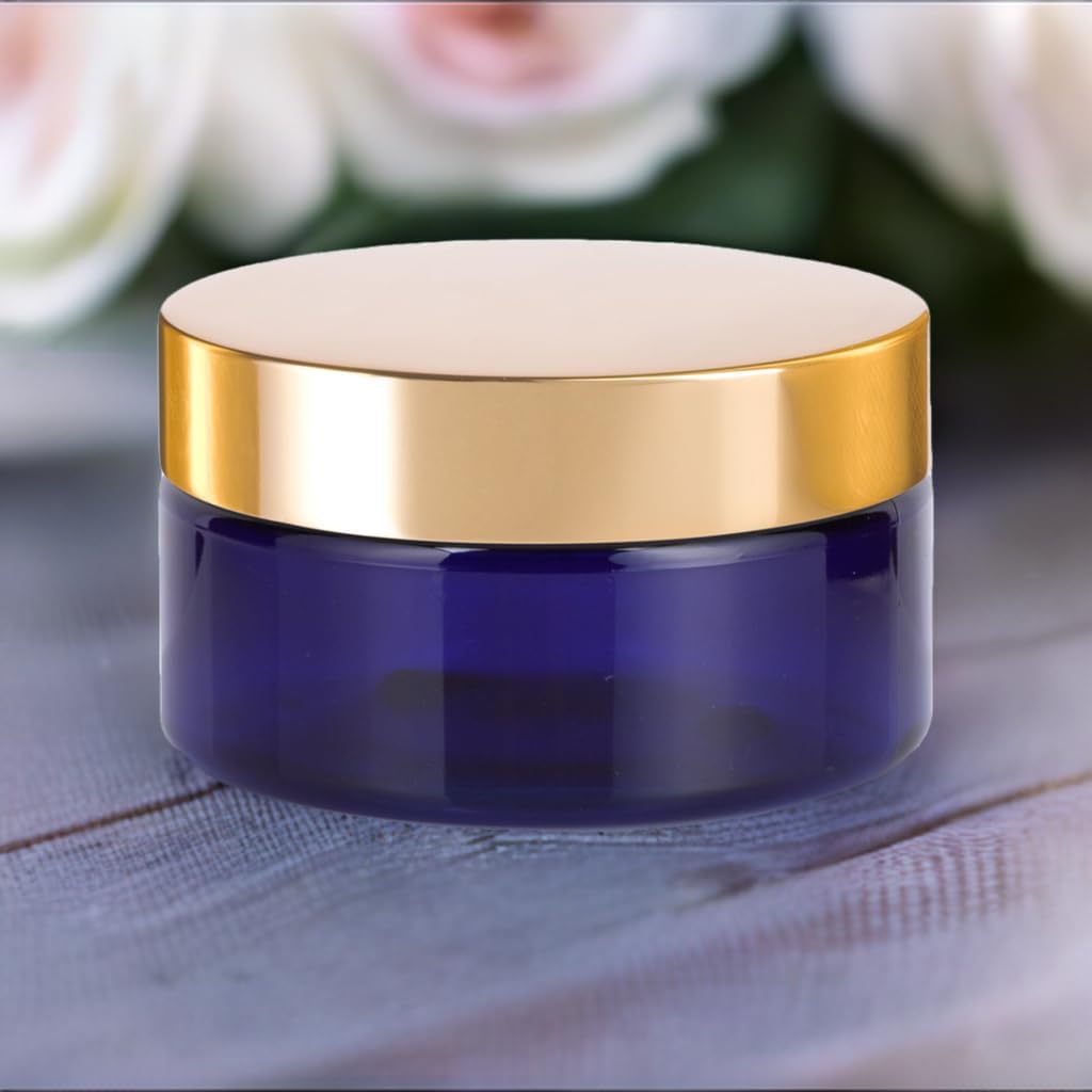 8 oz Cobalt Blue PET Plastic Refillable Low Profile Jar with Gold Metal Overshell Lid (6 Pack)