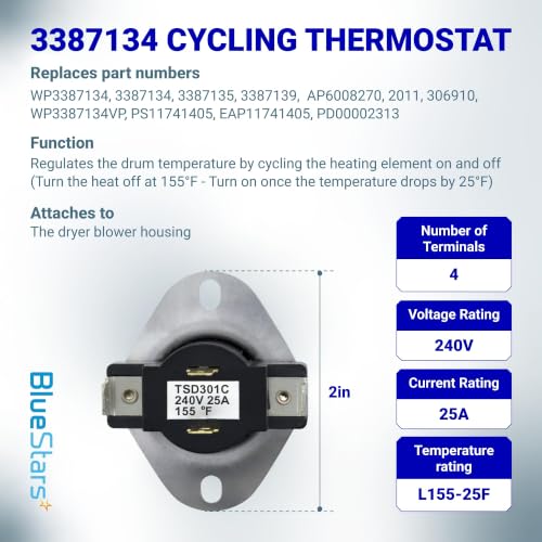 Image of BlueStars 3387134 Cycling Thermostat 3392519 Dryer Thermal Fuse 3977393 Thermal Cut-off Switch 3977767 High-limit and Wire Thermostat Kit - Compatible with Whirlpool Kenmore Maytag Dryers