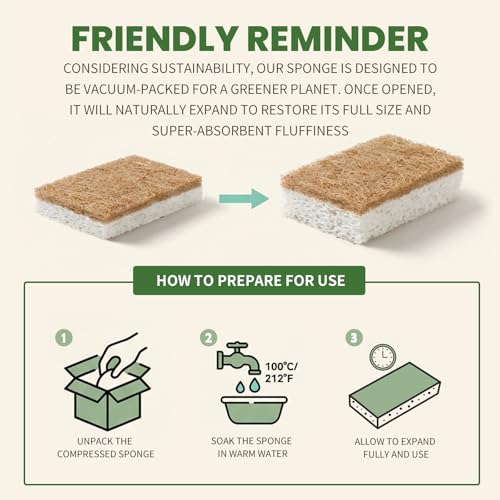 Image of Metflavor Kitchen Sponges, 48 Count, Natural Sponge with Coconut Scrubber | Plant-Based, Non-Toxic, Biodegradable & Compostable, Non-Scratch, All-Purpose Cleaning