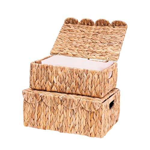 Scalloped Edge Wicker Basket with Lids, Rectangle Wicker Storage Basket with Built-in Handles, Multipurpose Organizer Rattan Display Boxes for Shelf, Nursery Room, Set of 2