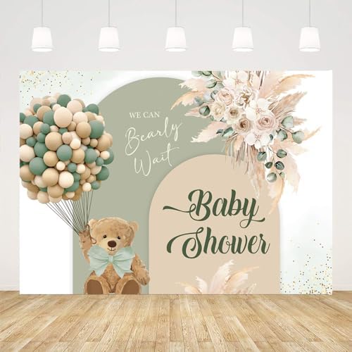 Bear Baby Shower Backdrop We Can Bearly Wait Green Balloon Cartoon Stars Moon Cloud Cute Heart Girl Boy Kids Lovely Decorations Photography Background B - View #6