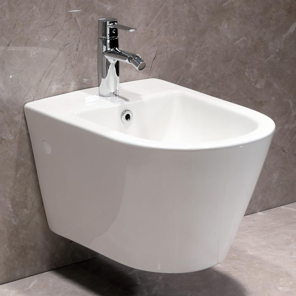 Bidé colgante con orificio para grifo y protección contra desbordamiento – Bidé de pared de cerámica – Ducha higiénica para limpieza íntima – con kit de fijación para montaje – 52,5 × 36,5 × 30 cm