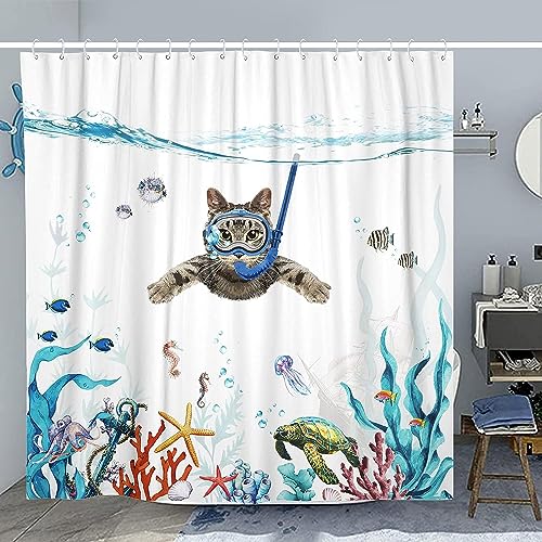 SparkLia Funny Cat Shower Curtain, Diving Underwater World Shower Curtain Sets with Animal Turtle Octopus Starfish, Waterproof Fabric Nautical Kids Curtain with Hooks for Bathroom Décor - 72" x 72"