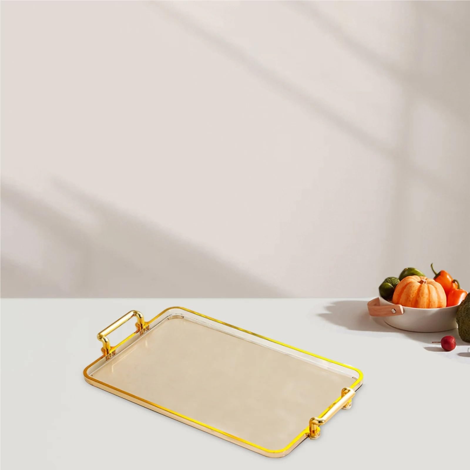 Bandeja para Servir con Asas, Bandeja para Comer, Almacenamiento de cosméticos, Centro de Mesa Rectangular, Bandeja para Comida (Borde Dorado Blanco)