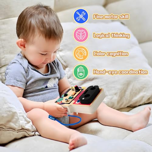 Image of Montessori Busy Board with Led Light, Wooden Sensory Board Travel Toys for 1 Year Old, Preschool Learning Activities Easter Gifts for Boys Girls