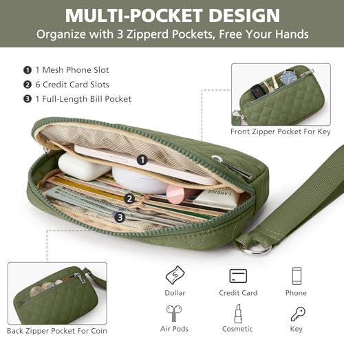 Small Wristlet Wallets for Women Quilted Nylon Wallet Purse RFID 3 Zipper Clutch for Travel Card Phone Organizer4