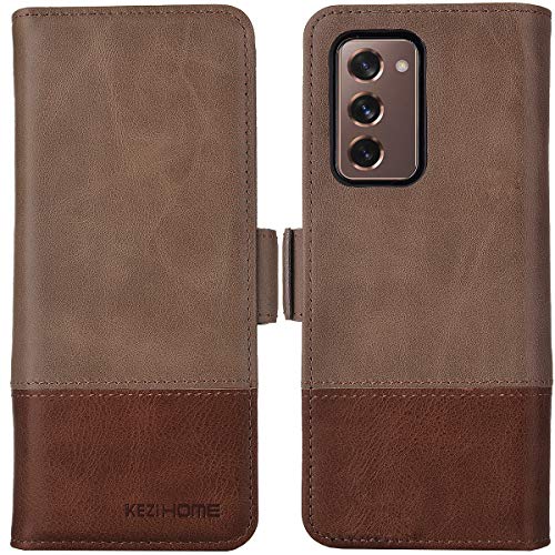 KEZiHOME Samsung Galaxy Z Fold 2 5G Case, Genuine Leather Galaxy Z Fold 2 Wallet Case [RFID Blocking] with Card Slot Flip Magnetic Case Compatible with Samsung Galaxy Z Fold 2 5G (Gray/Brown)