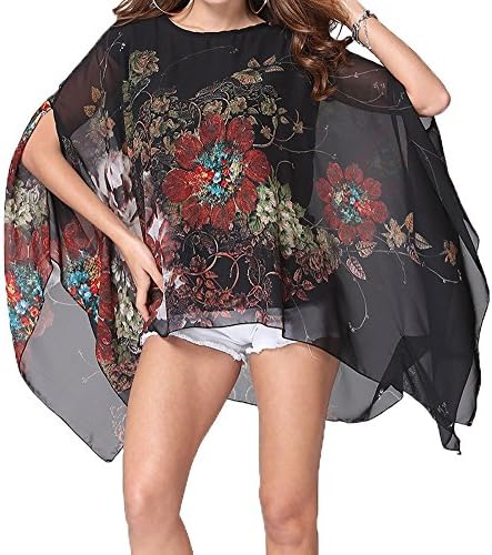 Qunsia Women's Chiffon Caftan Poncho Tunic Top Cover up Batwing Blouse 
