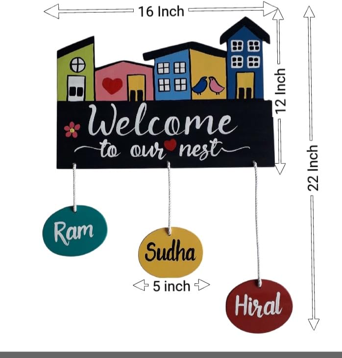 ROSE GARDEN ART CUSTOMIZED Home Door Wooden Name Plate with HAND PRINTED Acrylic Paint Letters on 8mm ISI marked PLYWOOD. Size L 16 inch.x H22 Inch. (Multicolour 1 to 7 names can be hung in it)