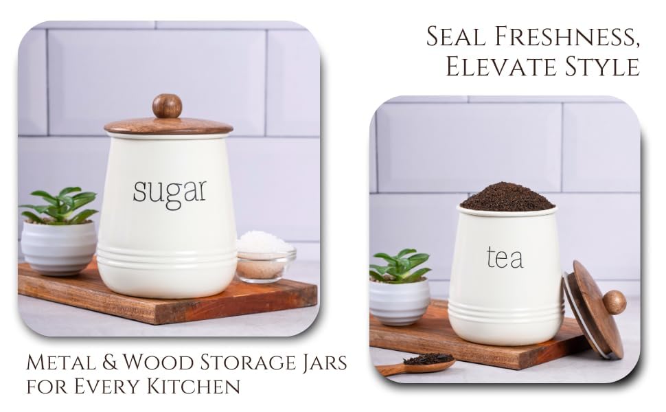 Image of Stylish Airtight Container for Kitchen, Tea Sugar Storage,White, Metal with Wooden Lid & Spoon, 1000ml, Canister for Kitchen Counter top | Food-Safe Jar Set of 2 (Tea & Sugar)