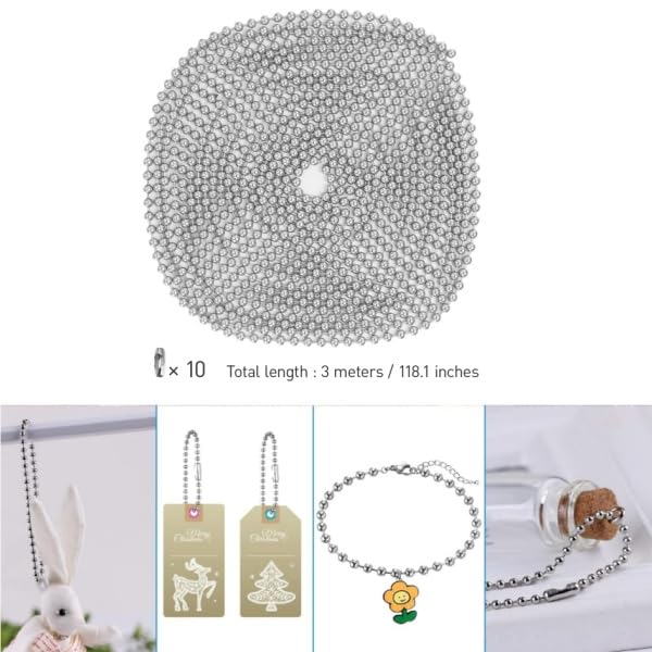 OUNONA Edelstahl Kugelkette 3 Meter Edelstahl Kette Silberkette LäNge 2.4 Mm Durchmesser Mit 10 Verbindern LäNgenverstellbar FüR DIY Schmuckherstellung SchlüSselanhäNger Und Bastelprojekte