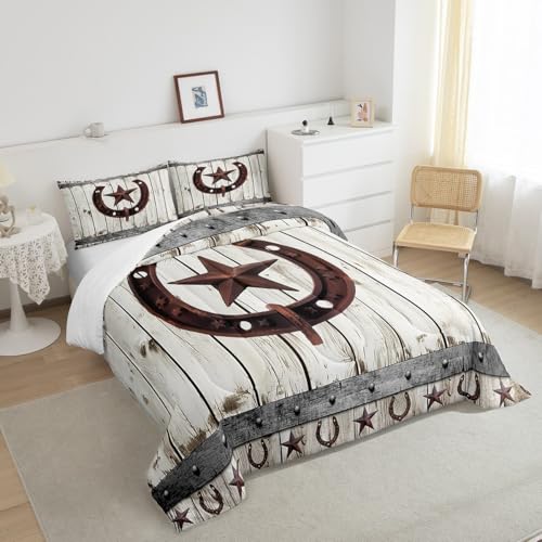 Image of Western Texas Star Comforter Set for Girls Boys Horseshoe Comforter Rustic Wood Grain DecorBedding Set Cabin Lodge Duvet Set Full Size 3Pcs Quilt Boys