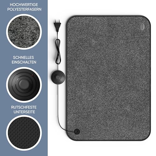 Björn&Schiller elektrischer Heizteppich mit Fußschalter, Heizmatte Fussboden, 75 Watt, Wärme für Füße, 40x60 cm, beheizbare Fußmatte für Büro und zu Hause, 210cm Kabel