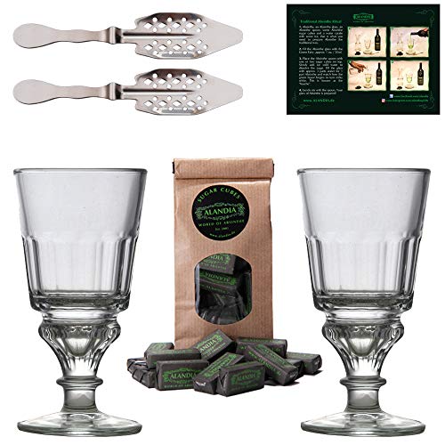 Absinth Zubehör Set von ALANDIA | 2X Gläser mit Reservoir | 2X Löffel aus Edelstahl | 1x Zuckerwürfel