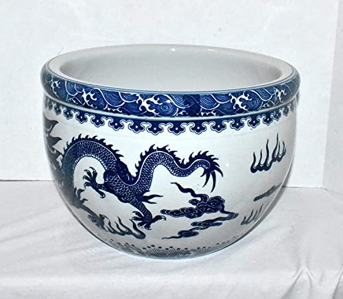 12" Oriental Blue & White Asian Double Dragon & Fire Pearl Fish Bowl Jardiniere Planter Plant Pot #TOP1