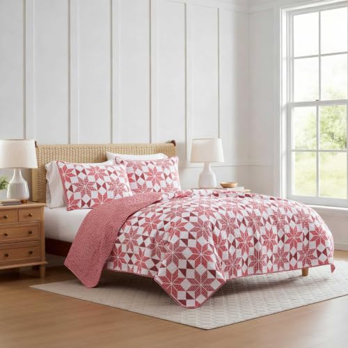 Image of Martha Stewart - King Cotton Percale Quilt with Shams, Reversible Bedding | 100% Cotton Percale, 80 /20 Cotton Blend Fill, Breathable, Reversible Star Patchwork, Includes 2 Shams, Machine Washable